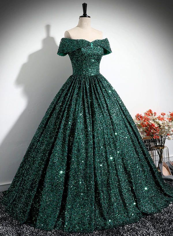 Vestido de fiesta con hombros descubiertos y lentejuelas verde oscuro